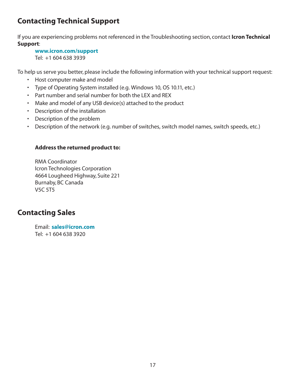 Specifications, Contacting technical support, Contacting sales | Icron Mounting Kit for Ranger 2304, 2324, 2344, 2304GE-LAN, and Spectra 3022 User Manual | Page 18 / 21