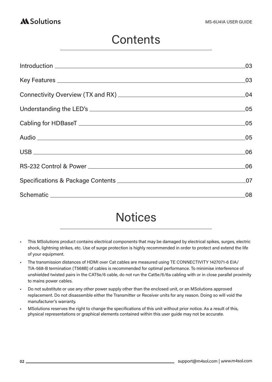 Contents notices | MSolutions MS-6U41A 5-Input Extender Set User Manual | Page 2 / 9
