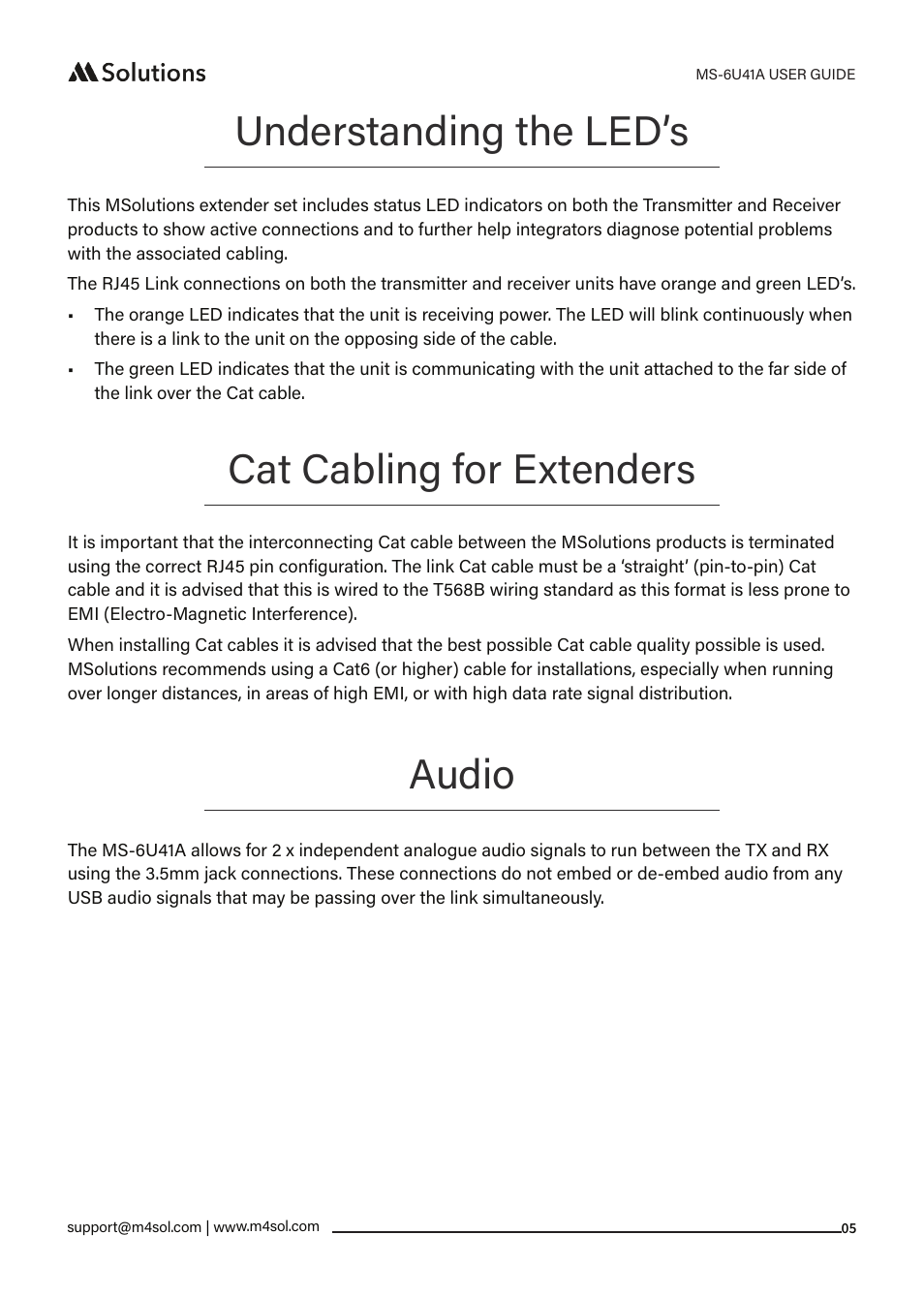 Understanding the led’s, Cat cabling for extenders, Audio | MSolutions MS-6U41A 5-Input Extender Set User Manual | Page 5 / 9