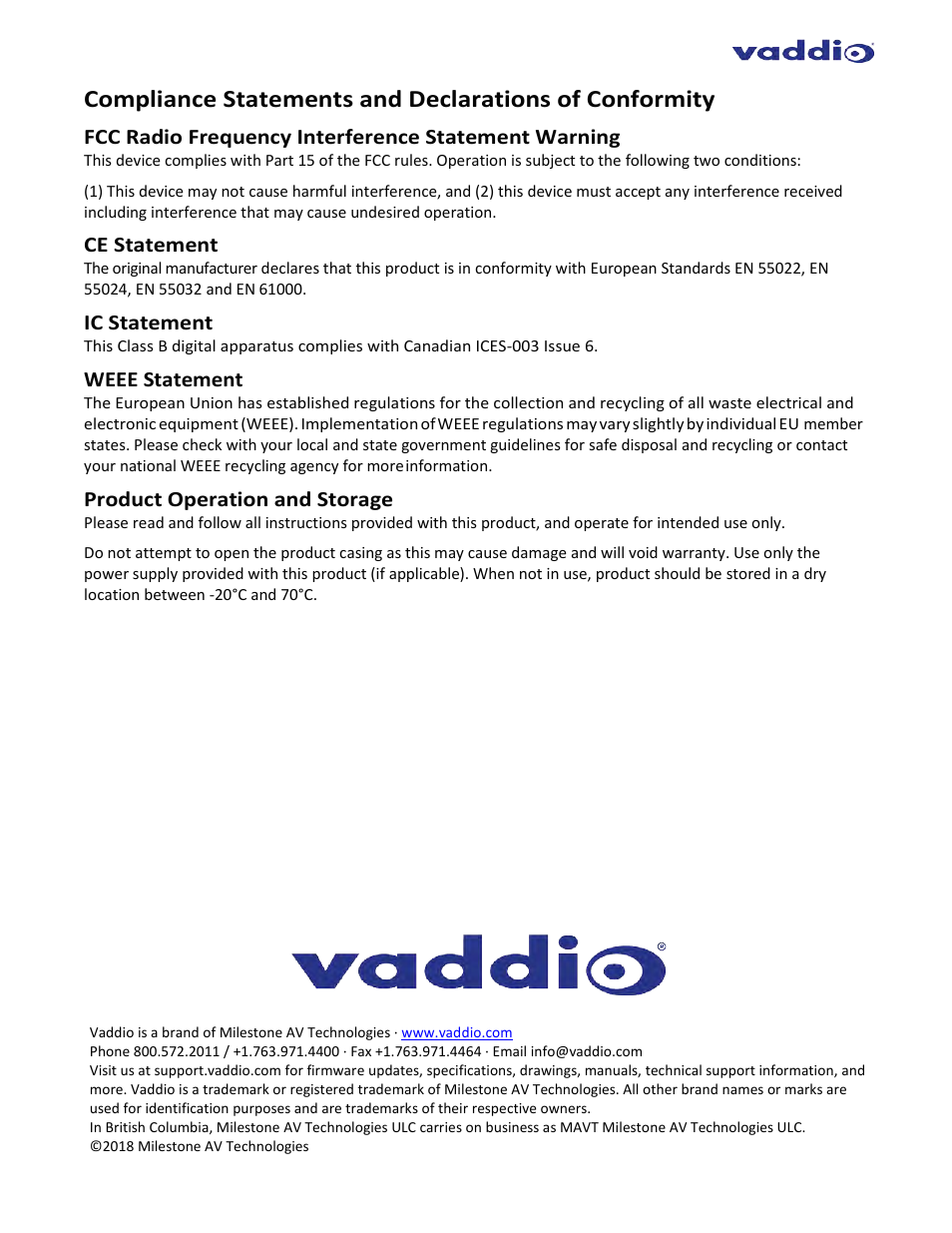 Fcc radio frequency interference statement warning, Ce statement, Ic statement | Weee statement, Product operation and storage | Vaddio USB 3 Extenders User Manual | Page 14 / 14