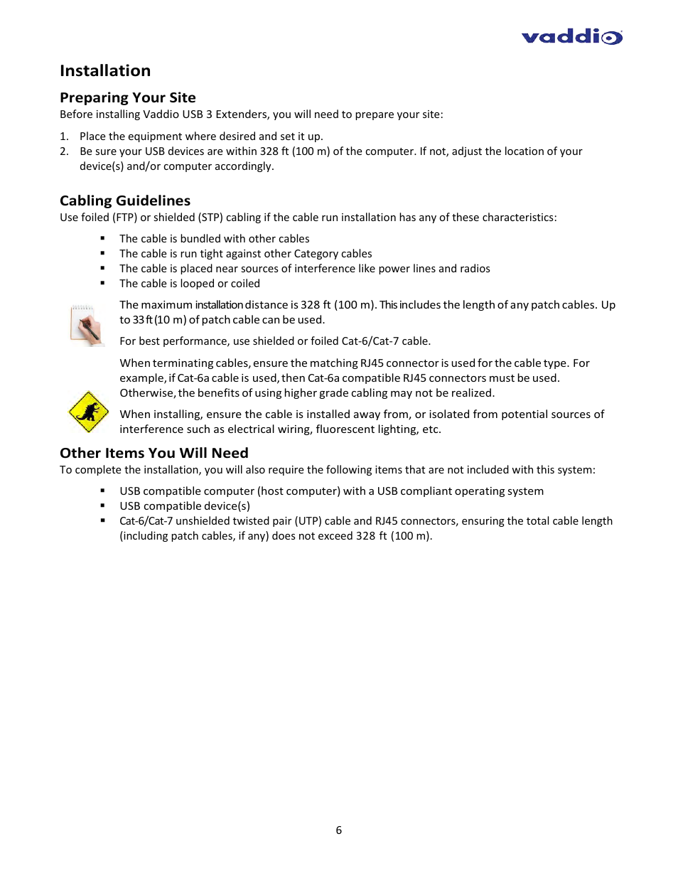 Installation, Preparing your site, Cabling guidelines | Other items you will need | Vaddio USB 3 Extenders User Manual | Page 6 / 14