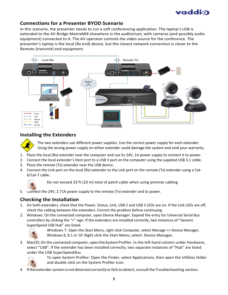 Connections for a presenter byod scenario, Installing the extenders, Checking the installation | Vaddio USB 3 Extenders User Manual | Page 8 / 14