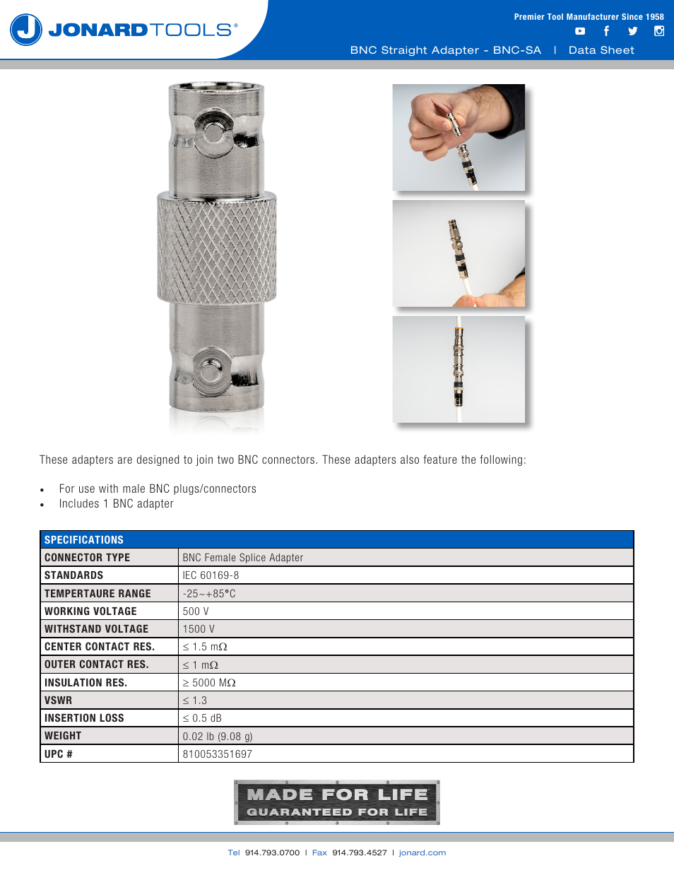 Jonard Tools BNC Straight Adapter User Manual | 1 page