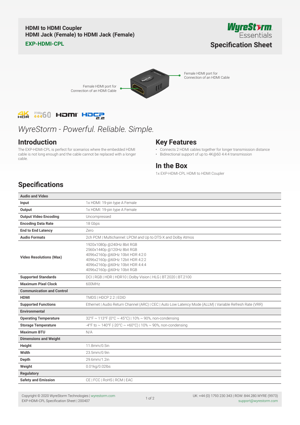 WyreStorm Essentials HDMI Female to HDMI Female Coupler User Manual | 2 pages