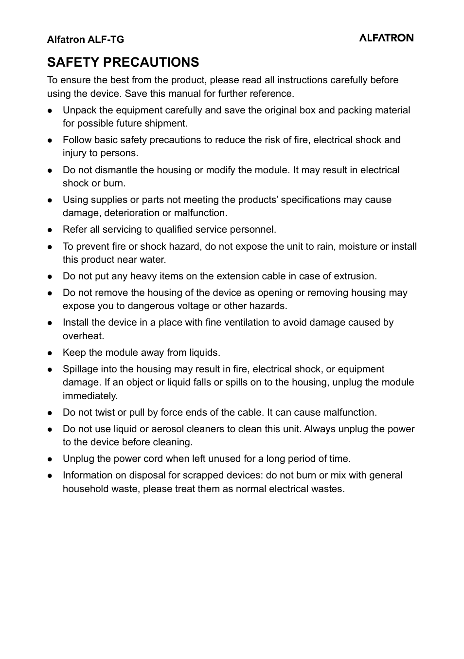 Safety precautions | Alfatron Table Grommet for ALF-WU4K User Manual | Page 3 / 10