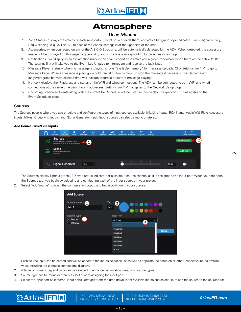Sources, Add source - mic/line inputs (sources), Atmosphere | User manual | Atlas Sound Atmosphere C-ZSV Zone, Source, and Volume Wall Controller (Black) User Manual | Page 15 / 79