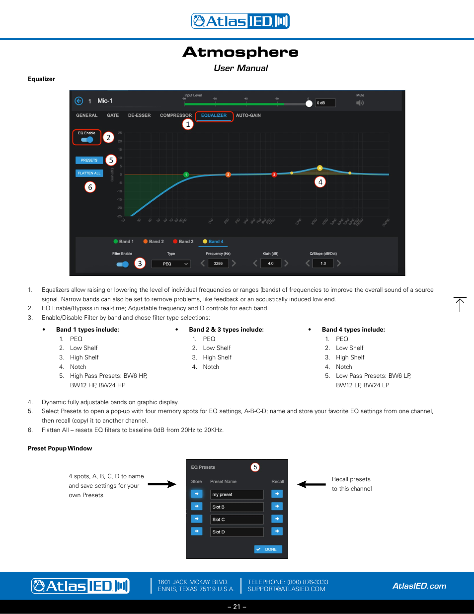Equalizer - presets, Atmosphere, User manual | Atlas Sound Atmosphere C-ZSV Zone, Source, and Volume Wall Controller (Black) User Manual | Page 21 / 79