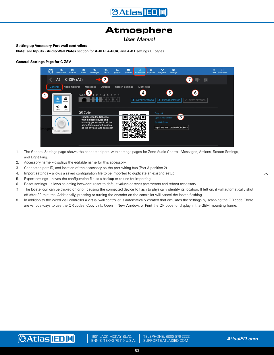 Setting up accessory port wall controllers, C-zsv general settings, Atmosphere | User manual | Atlas Sound Atmosphere C-ZSV Zone, Source, and Volume Wall Controller (Black) User Manual | Page 53 / 79