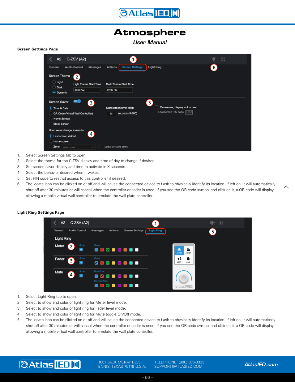 Screen, Settings, Light ring settings | Atmosphere, User manual | Atlas Sound Atmosphere C-ZSV Zone, Source, and Volume Wall Controller (Black) User Manual | Page 56 / 79