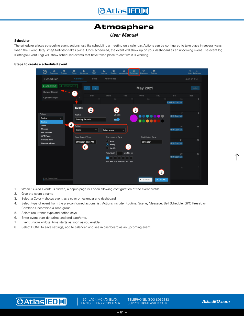 Scheduler, steps to create an event, Atmosphere, User manual | Atlas Sound Atmosphere C-ZSV Zone, Source, and Volume Wall Controller (Black) User Manual | Page 61 / 79