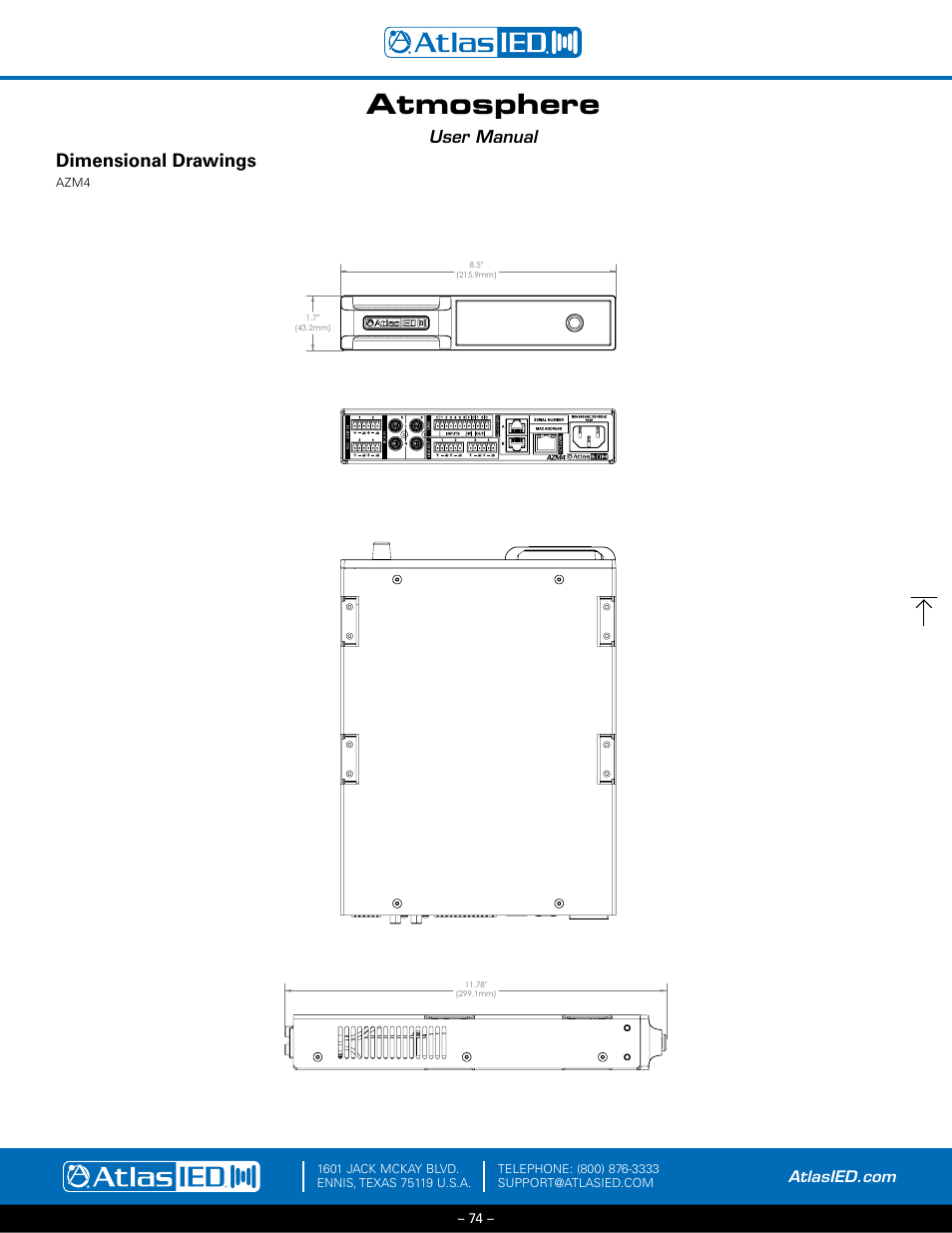Mechanical line drawings with dimensions, Atmosphere, Dimensional drawings | User manual | Atlas Sound Atmosphere C-ZSV Zone, Source, and Volume Wall Controller (Black) User Manual | Page 74 / 79