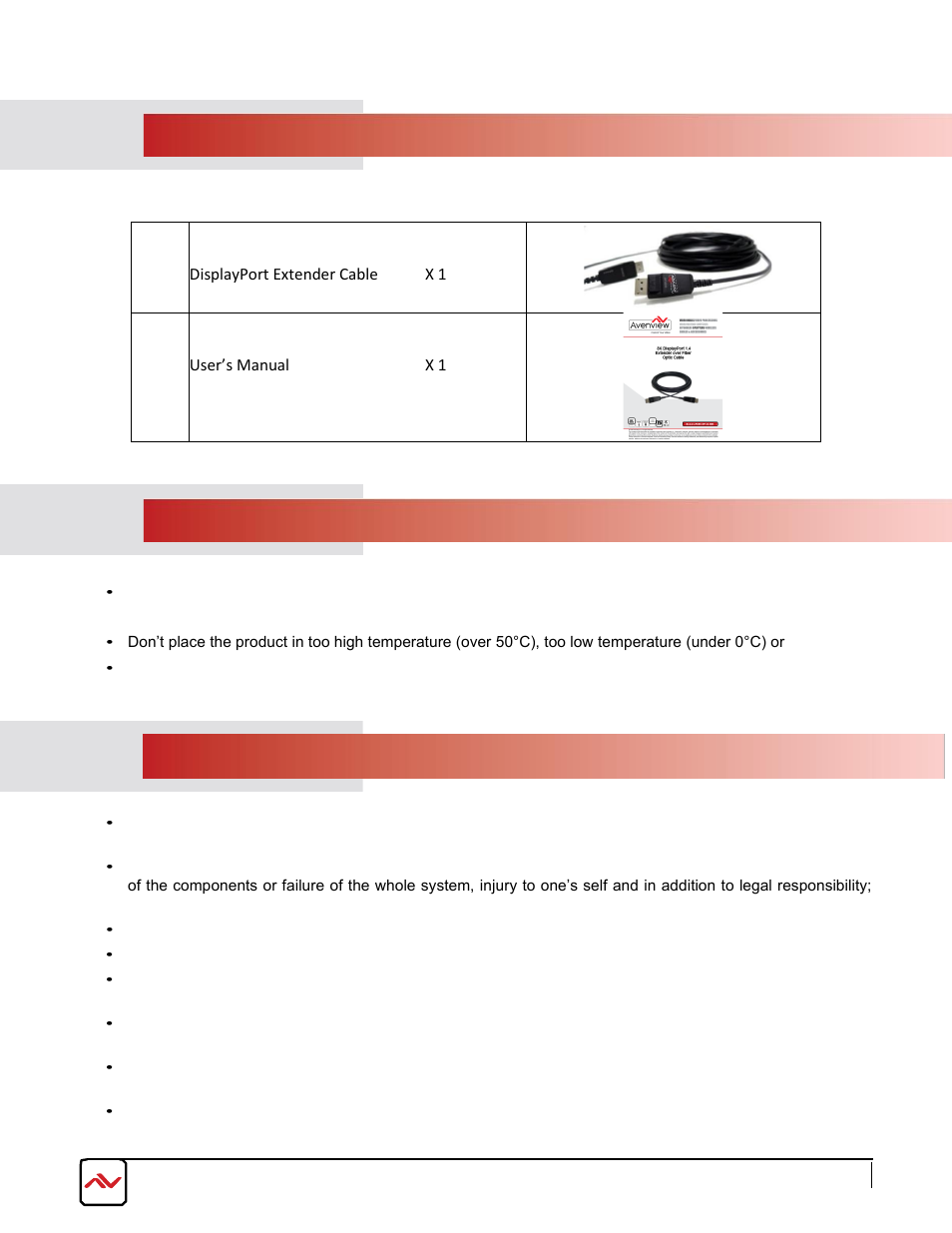 Package contents, Before installation, 2 package contents | 3 before installation, Optical fiber hazard | Avenview 8K DisplayPort 1.4 Male Fiber Optic Cable (230') User Manual | Page 7 / 17