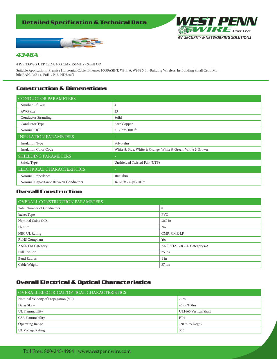 West Penn 4346A 23 AWG 4-Pair Unshielded Cat 6a Cable (1000', Black) User Manual | 2 pages