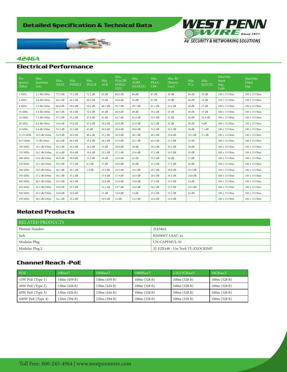 Channel reach -poe, Related products | West Penn 4346A 23 AWG 4-Pair Unshielded Cat 6a Cable (1000', Black) User Manual | Page 2 / 2