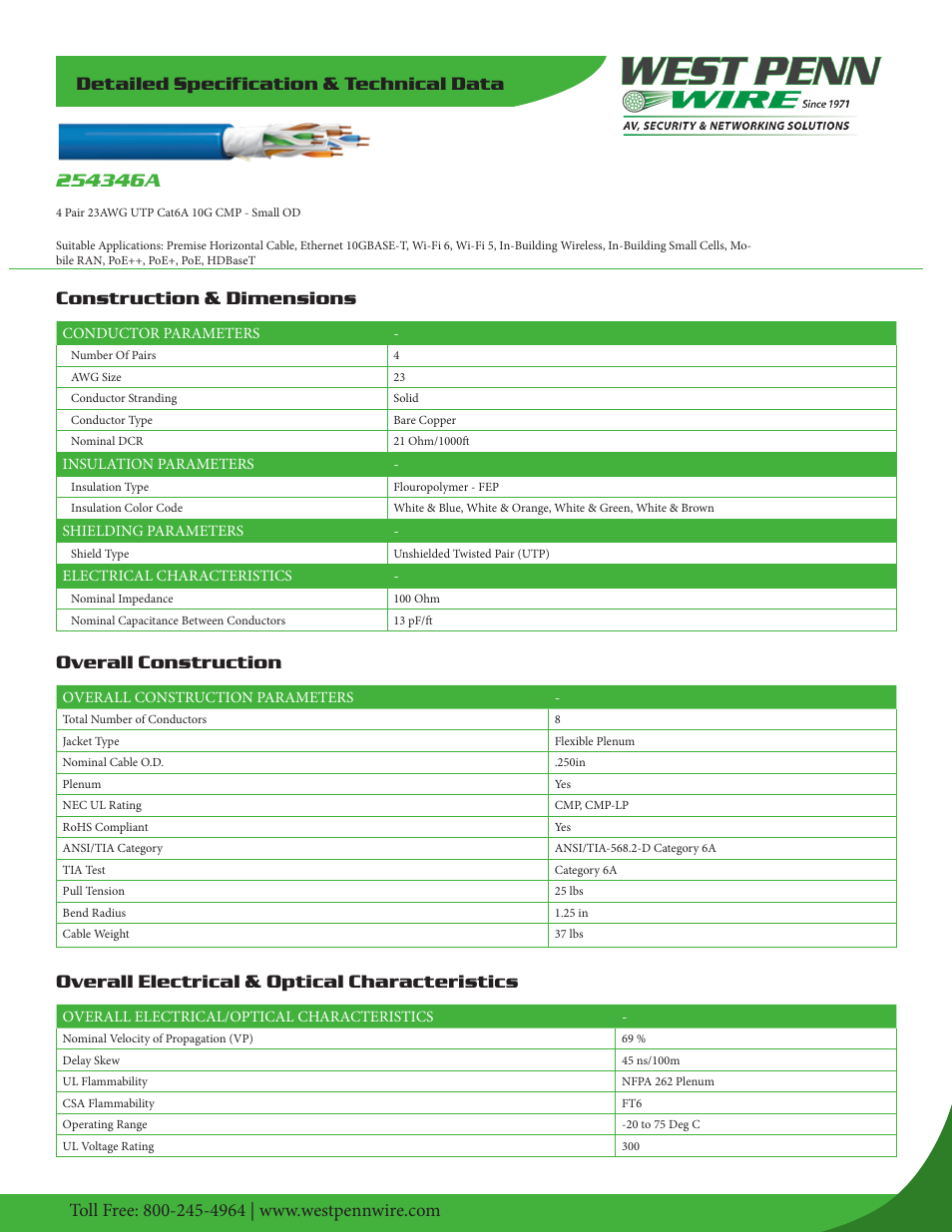 West Penn Plenum-Rated 254346A 23 AWG 4-Pair Unshielded Cat 6a Cable (1000', Black) User Manual | 2 pages