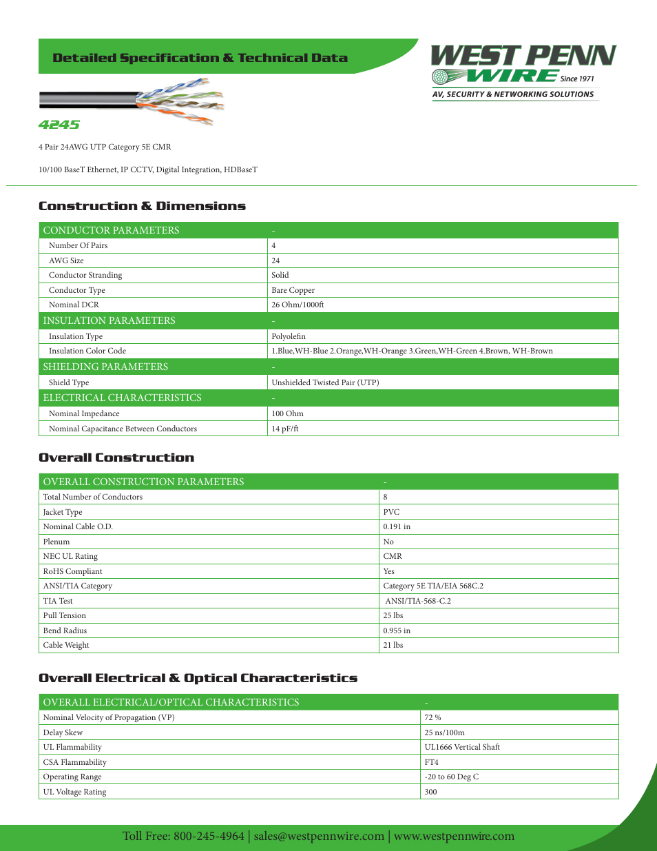 West Penn 4245 24 AWG 4-Pair Cat 5e Unshielded Cable (1000', White) User Manual | 2 pages