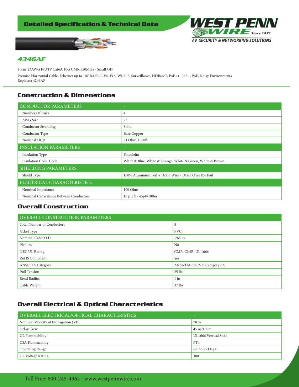 West Penn 4346AF 23 AWG 4-Pair Shielded Cat 6a Cable (1000', Black) User Manual | 2 pages