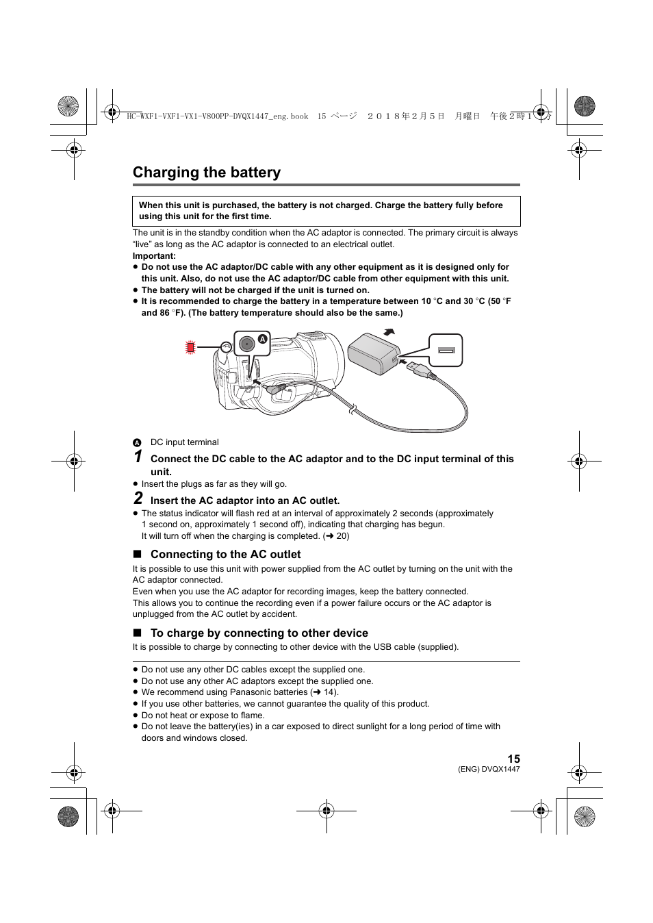 Charging the battery, Connecting to the ac outlet | Panasonic HC-WXF1 UHD 4K Camcorder with Twin & Multicamera Capture User Manual | Page 15 / 52