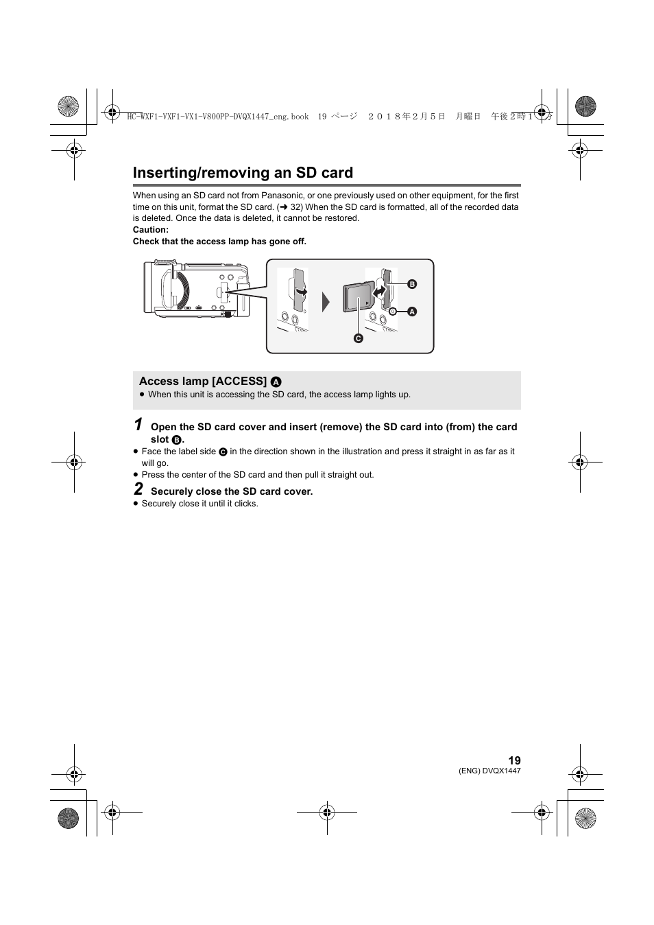 Inserting/removing an sd card | Panasonic HC-WXF1 UHD 4K Camcorder with Twin & Multicamera Capture User Manual | Page 19 / 52