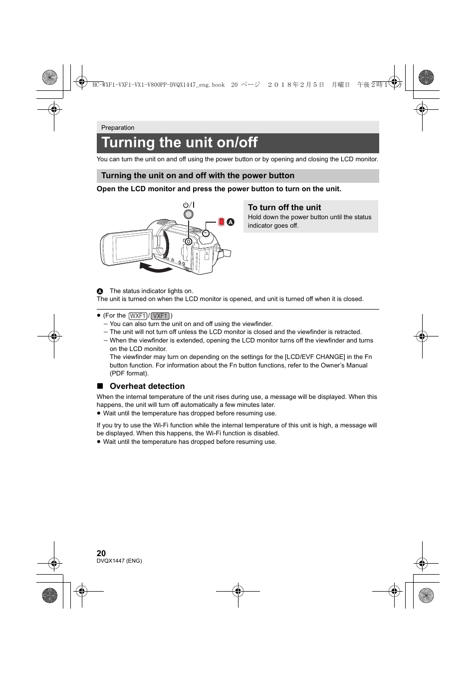 Turning the unit on/off, Overheat detection | Panasonic HC-WXF1 UHD 4K Camcorder with Twin & Multicamera Capture User Manual | Page 20 / 52