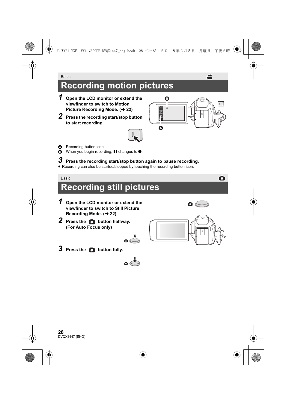 Recording motion pictures, Recording still pictures | Panasonic HC-WXF1 UHD 4K Camcorder with Twin & Multicamera Capture User Manual | Page 28 / 52