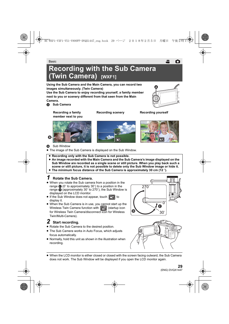 Recording with the sub camera (twin camera), Wxf1 | Panasonic HC-WXF1 UHD 4K Camcorder with Twin & Multicamera Capture User Manual | Page 29 / 52