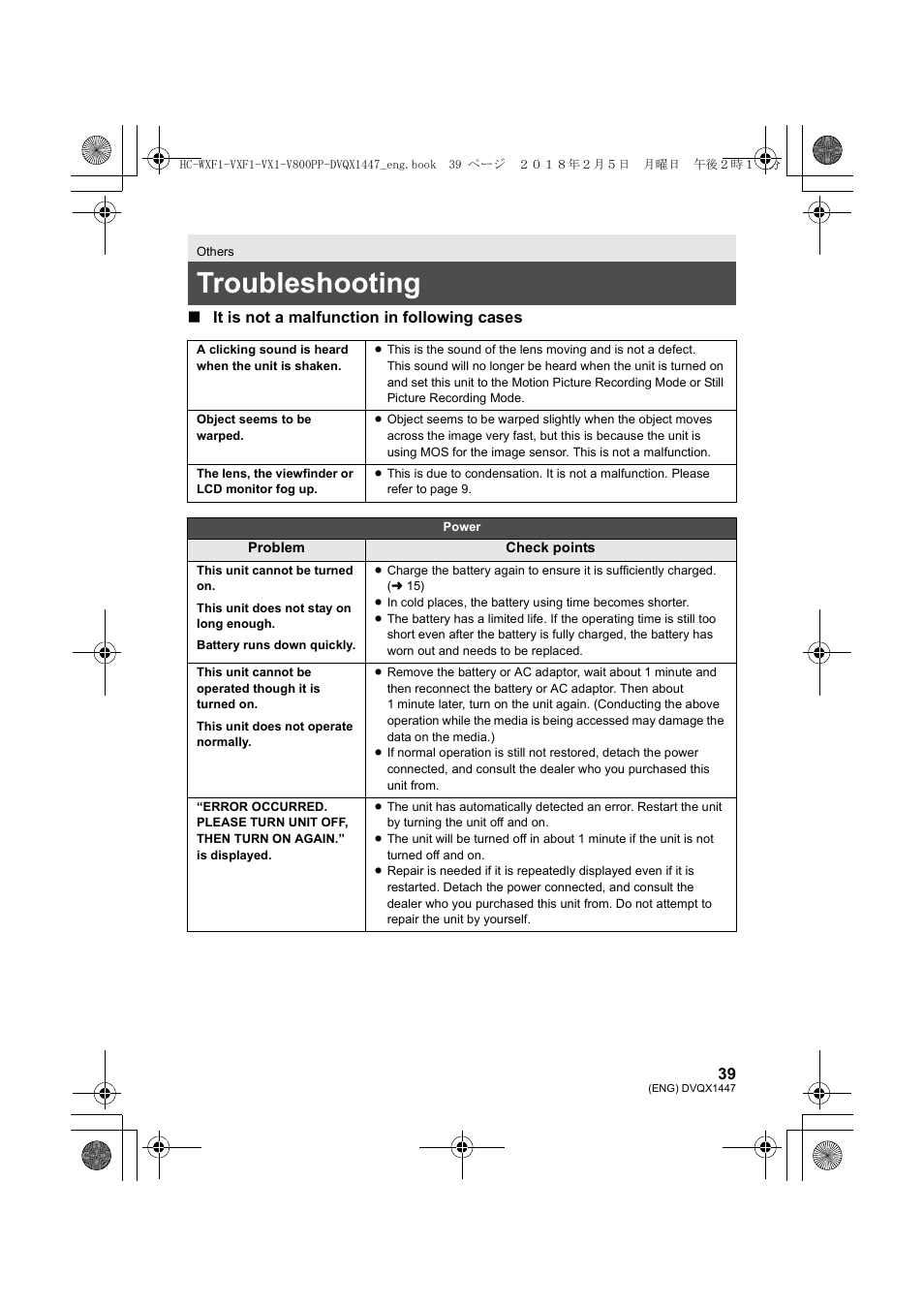 Troubleshooting, It is not a malfunction in following cases | Panasonic HC-WXF1 UHD 4K Camcorder with Twin & Multicamera Capture User Manual | Page 39 / 52