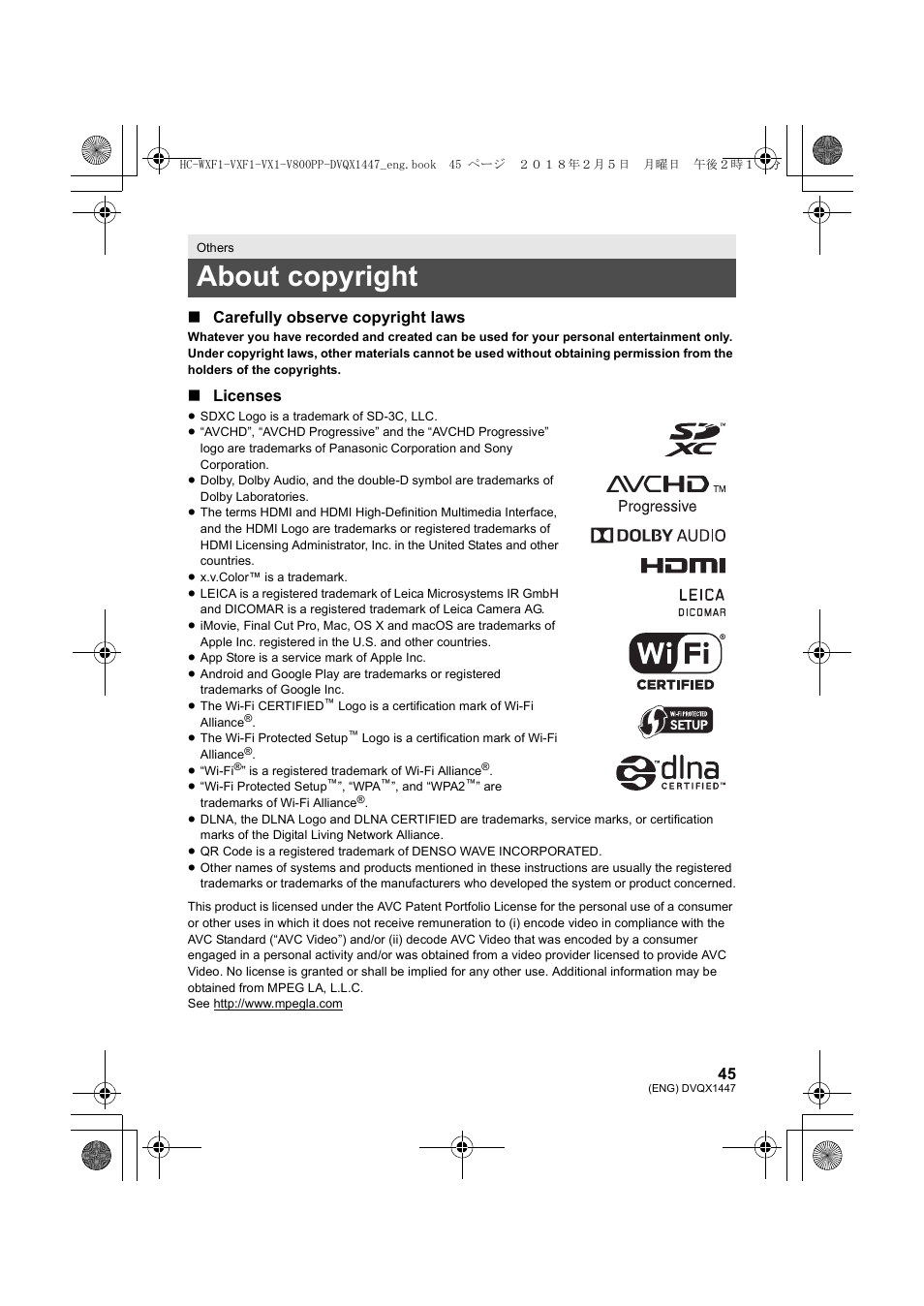 About copyright, Carefully observe copyright laws, Licenses | Panasonic HC-WXF1 UHD 4K Camcorder with Twin & Multicamera Capture User Manual | Page 45 / 52