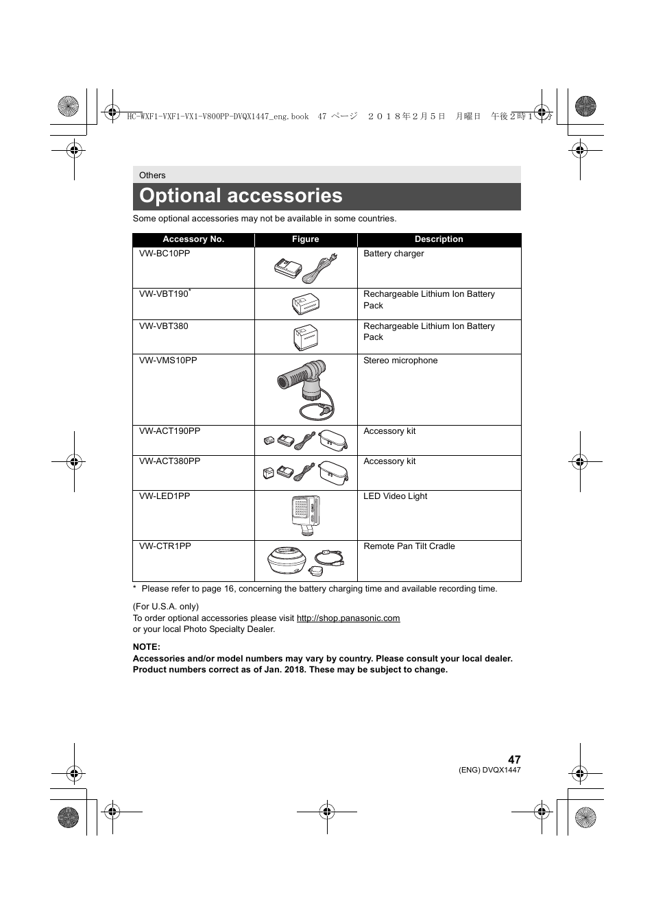 Optional accessories | Panasonic HC-WXF1 UHD 4K Camcorder with Twin & Multicamera Capture User Manual | Page 47 / 52