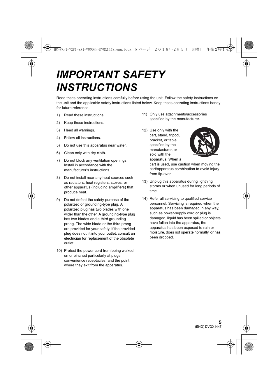 Important safety instructions | Panasonic HC-WXF1 UHD 4K Camcorder with Twin & Multicamera Capture User Manual | Page 5 / 52