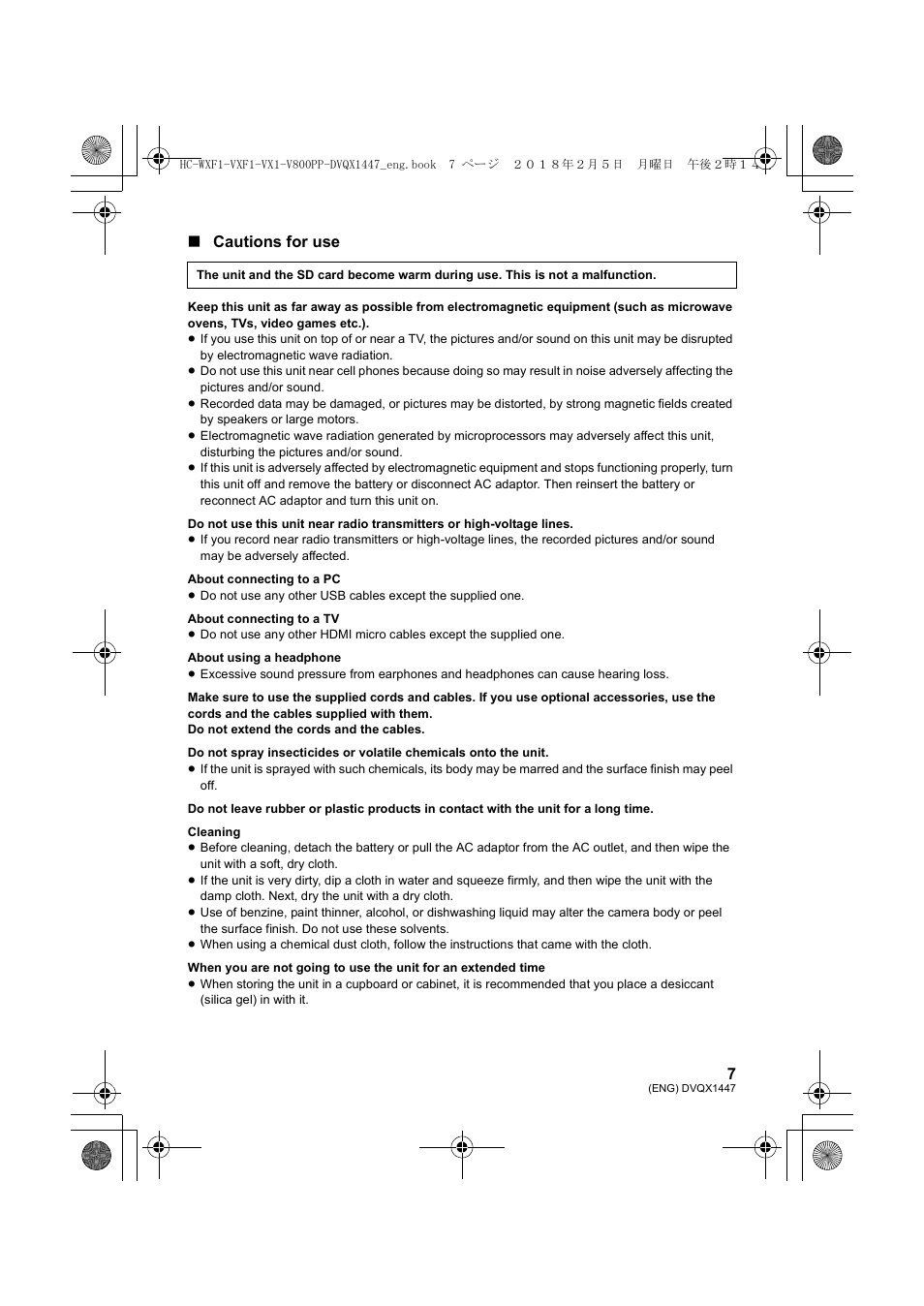 Cautions for use | Panasonic HC-WXF1 UHD 4K Camcorder with Twin & Multicamera Capture User Manual | Page 7 / 52