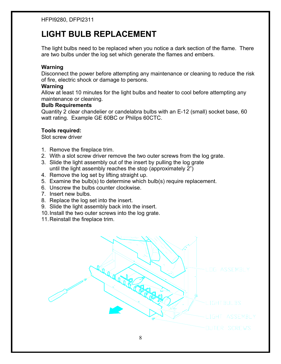 Light bulb replacement | Dimplex HFPI9280 User Manual | Page 10 / 17