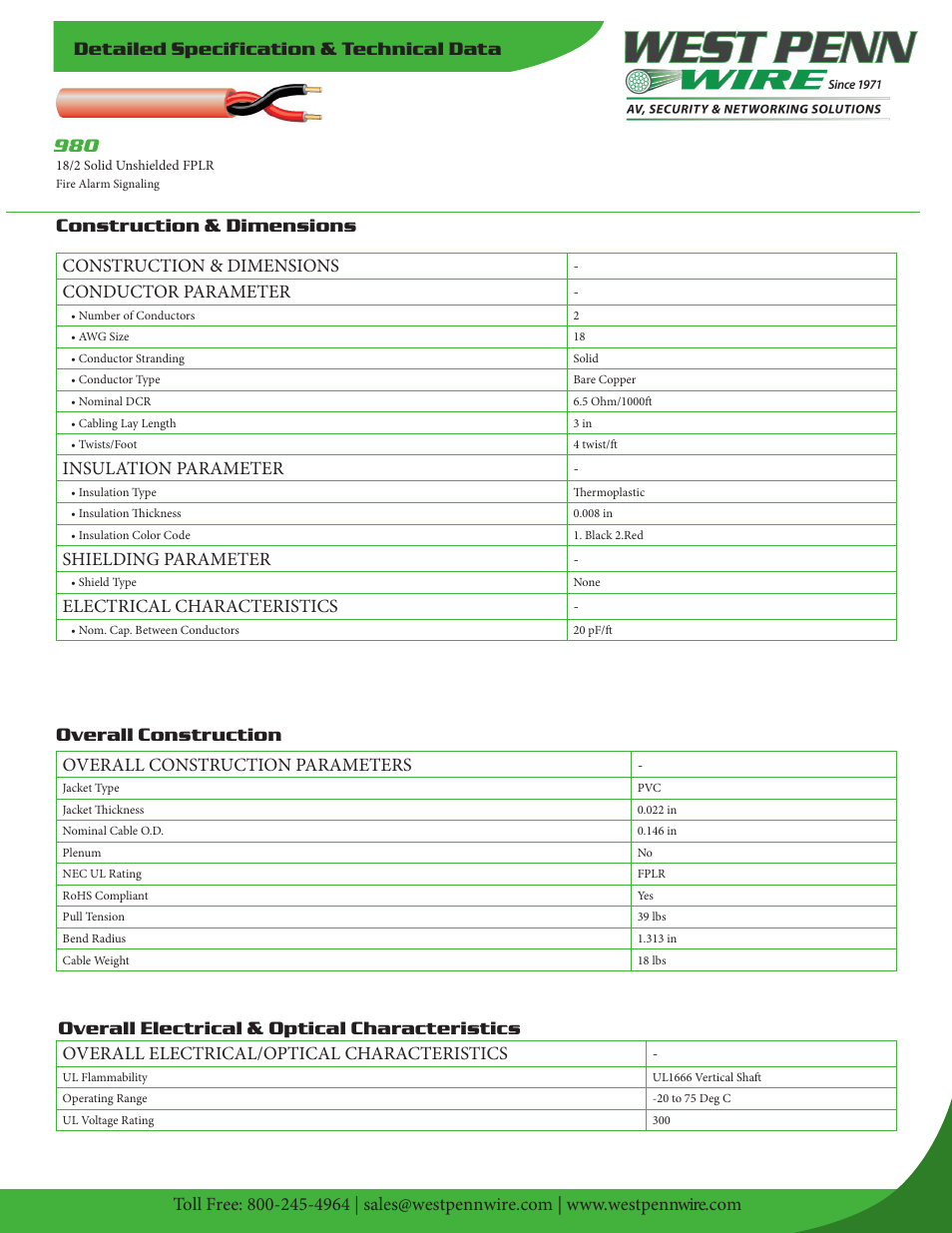 West Penn 980 18 AWG 2-Conductor Unshielded Fire Alarm Cable (1000', Red) User Manual | 2 pages