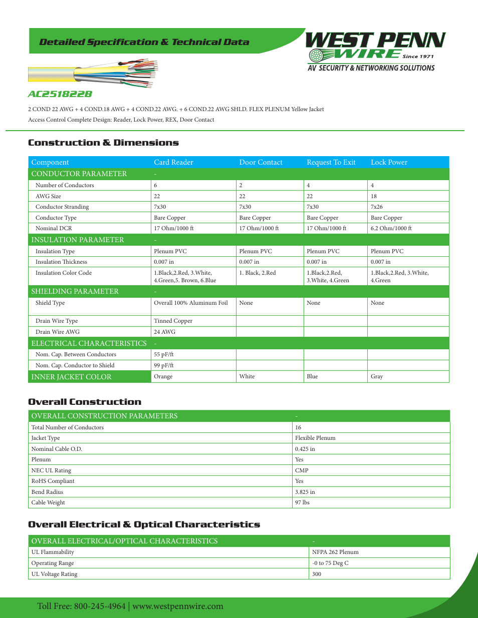 West Penn Plenum-Rated AC251822B Access Control Cable (Yellow, 500') User Manual | 2 pages