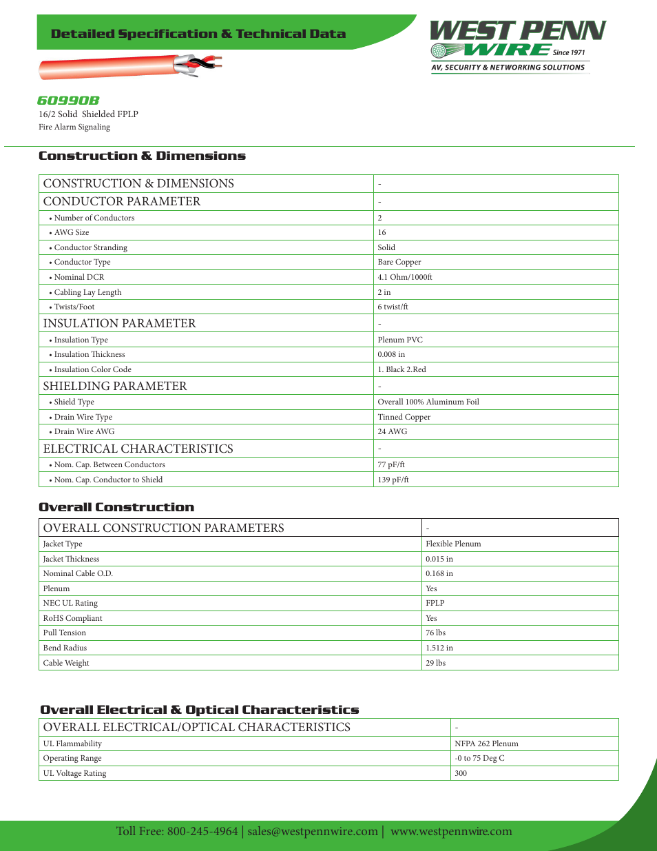 West Penn Plenum-Rated 60990B 16 AWG 2-Conductor Shielded Fire Alarm Cable (1000', Red) User Manual | 2 pages