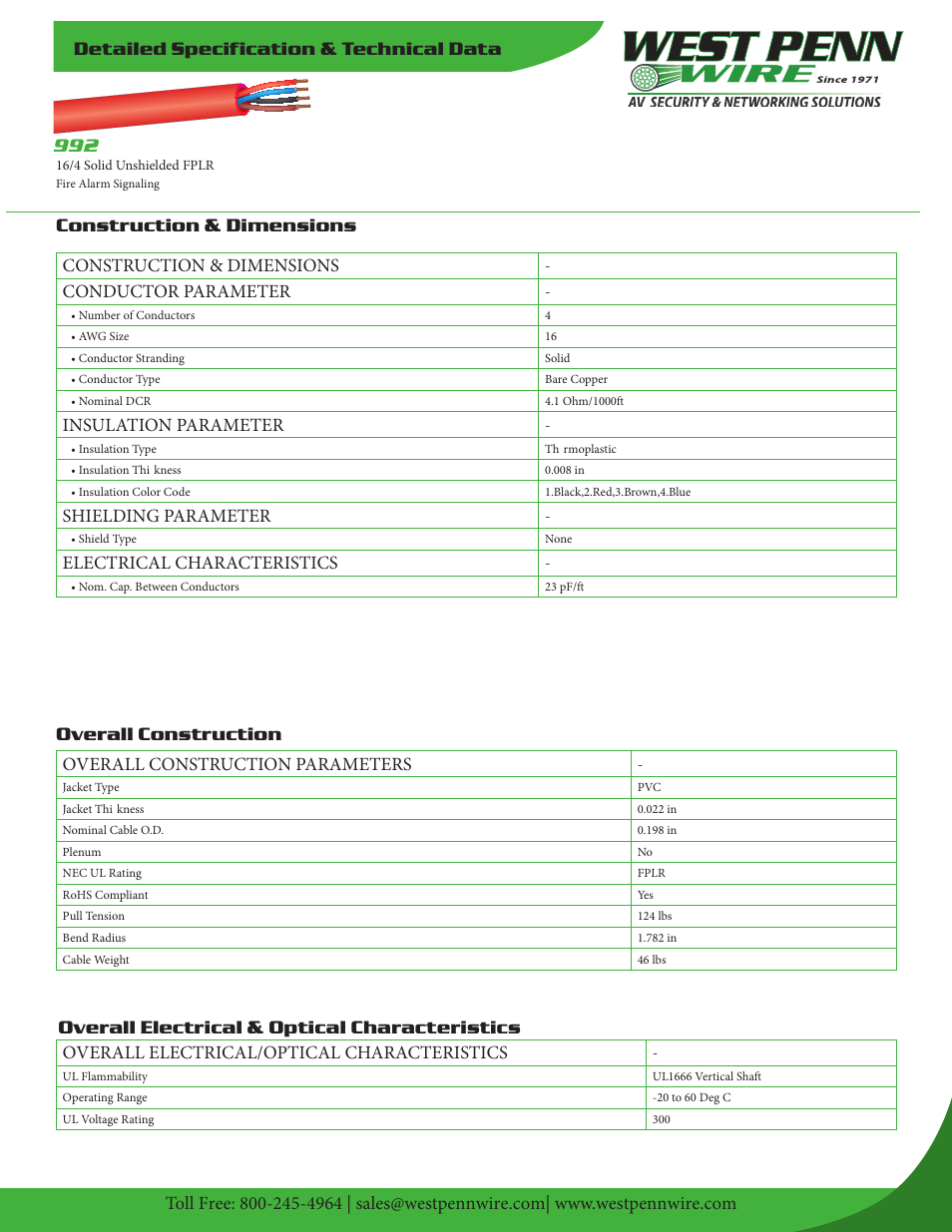 West Penn 992 16 AWG 4-Conductor Unshielded Fire Alarm Cable (1000', Red) User Manual | 2 pages