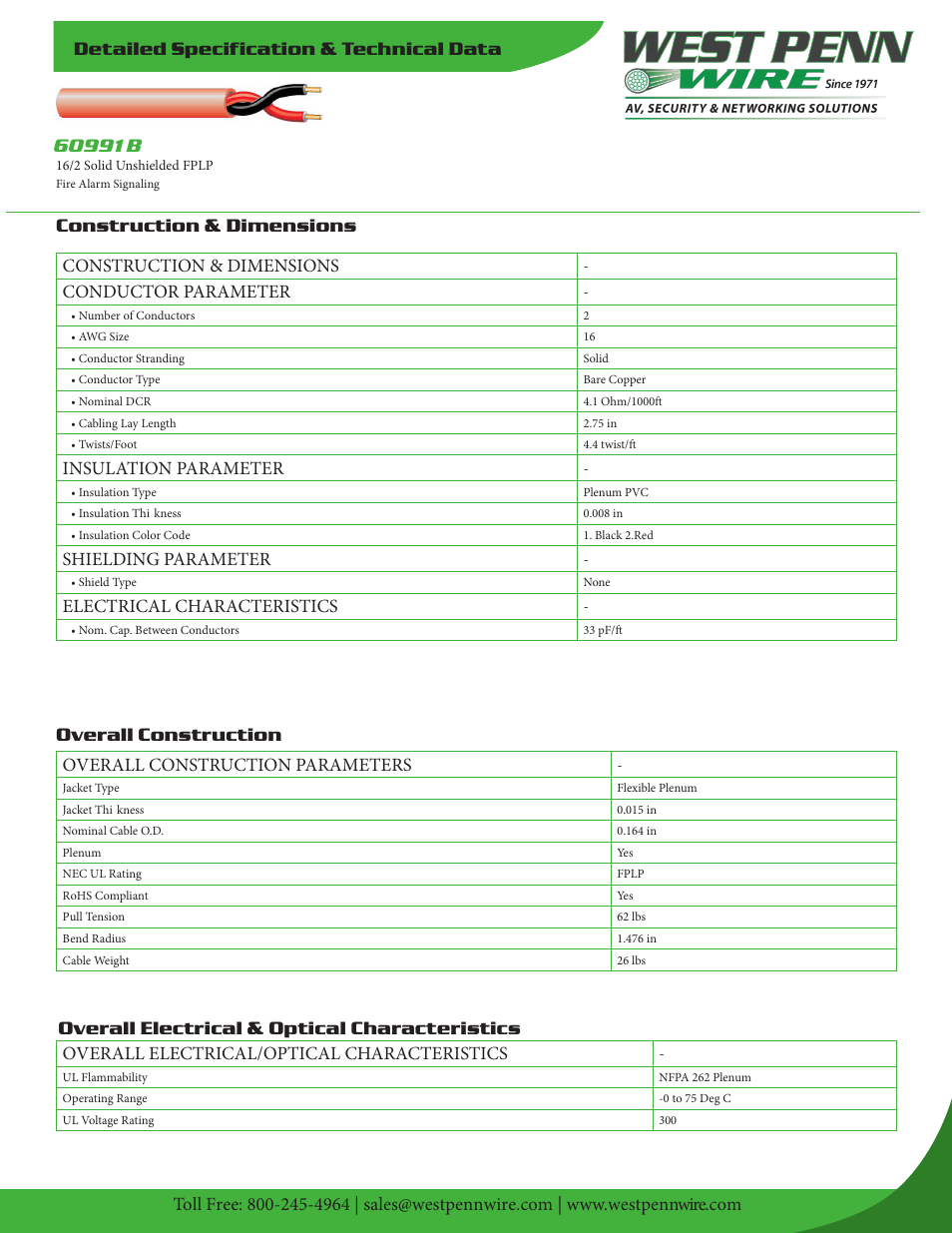 West Penn Plenum-Rated 60991B 16 AWG 2-Conductor Unshielded Fire Alarm Cable (1000', Red) User Manual | 2 pages