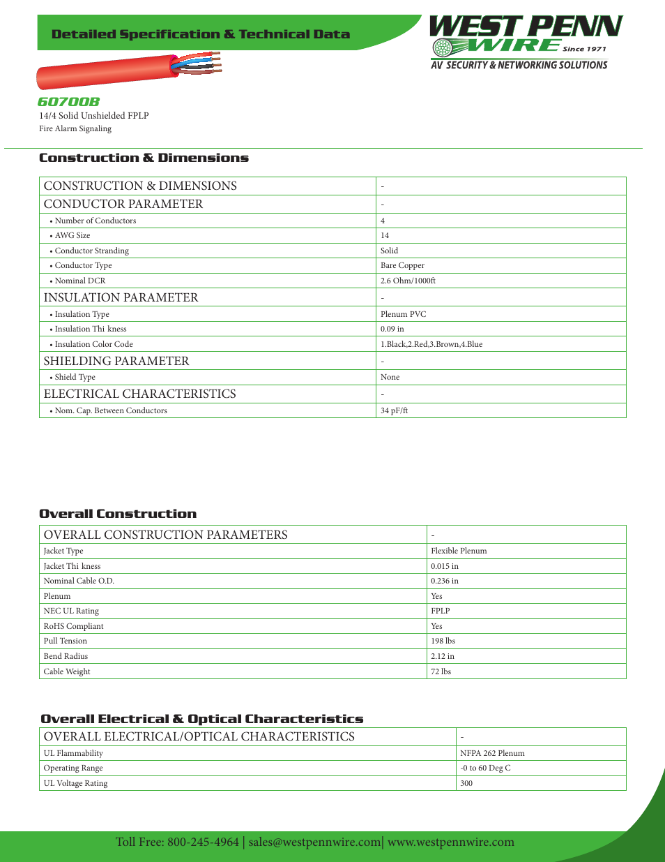 West Penn Plenum-Rated 60700B 14 AWG 4-Conductor Unshielded Fire Alarm Signaling Cable (1000', Red) User Manual | 2 pages