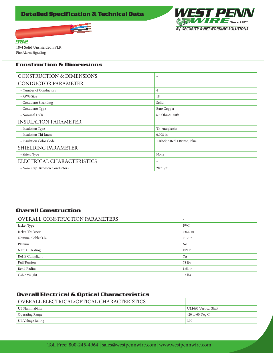 West Penn 982 18 AWG 4-Conductor Unshielded Fire Alarm Cable (1000', Red) User Manual | 2 pages