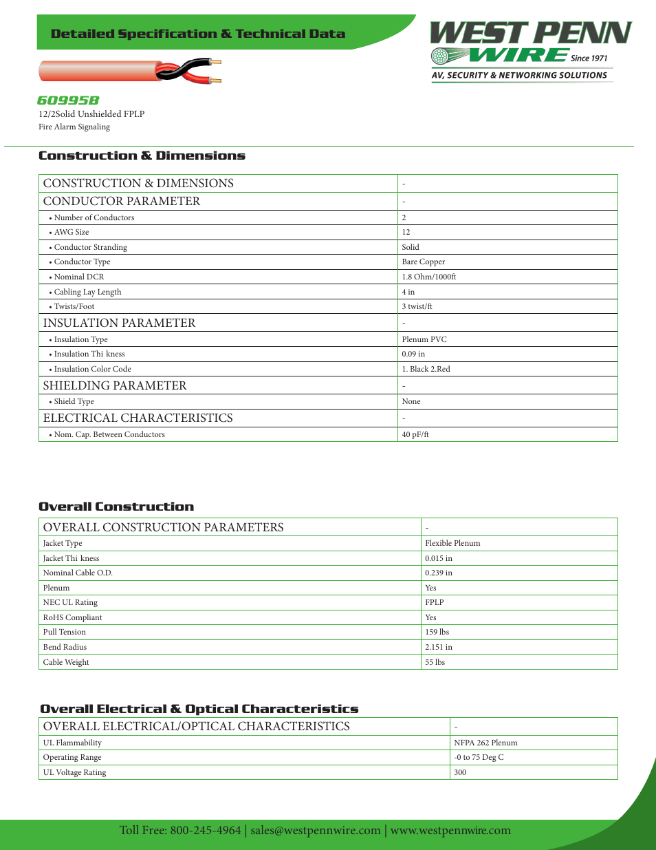 West Penn Plenum-Rated 60995B 12 AWG 2-Conductor Unshielded Fire Alarm Cable (1000', Red) User Manual | 2 pages