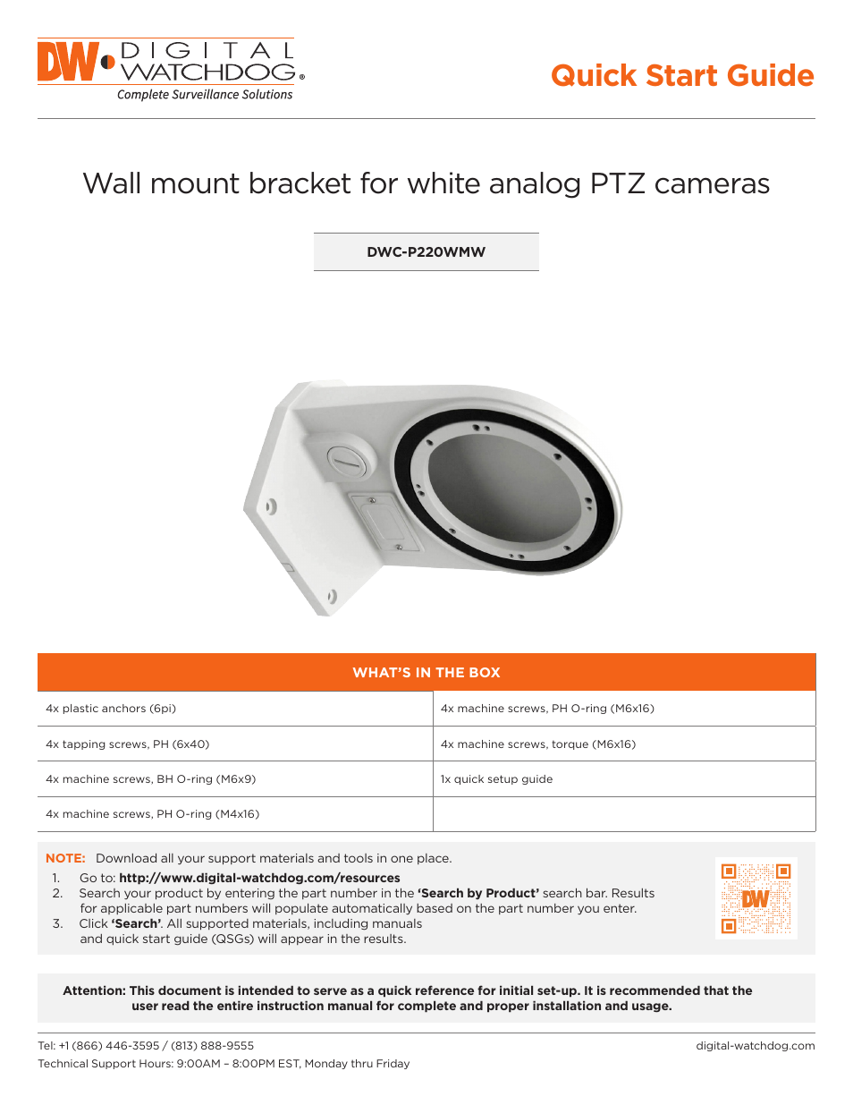 Digital Watchdog DWC-P220WMW Wall Mount Bracket User Manual | 2 pages