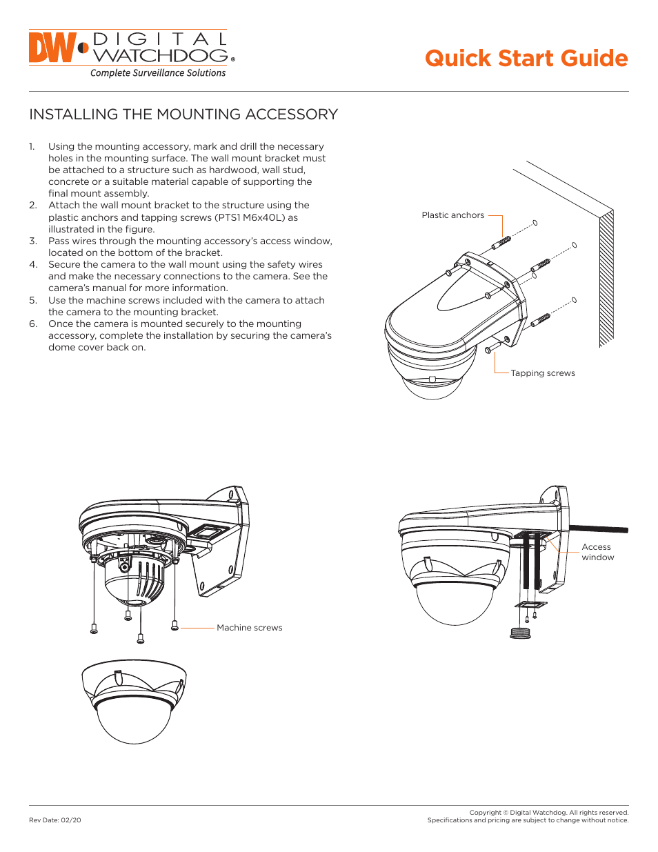 Quick start guide, Installing the mounting accessory | Digital Watchdog DWC-P220WMW Wall Mount Bracket User Manual | Page 2 / 2