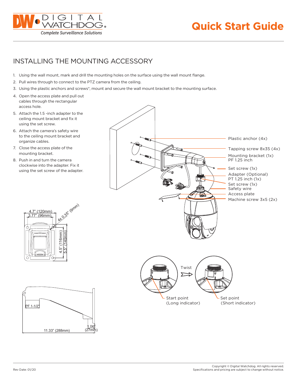 Quick start guide, Installing the mounting accessory | Digital Watchdog DWC-P336WMW Wall Mount Bracket (White) User Manual | Page 2 / 2