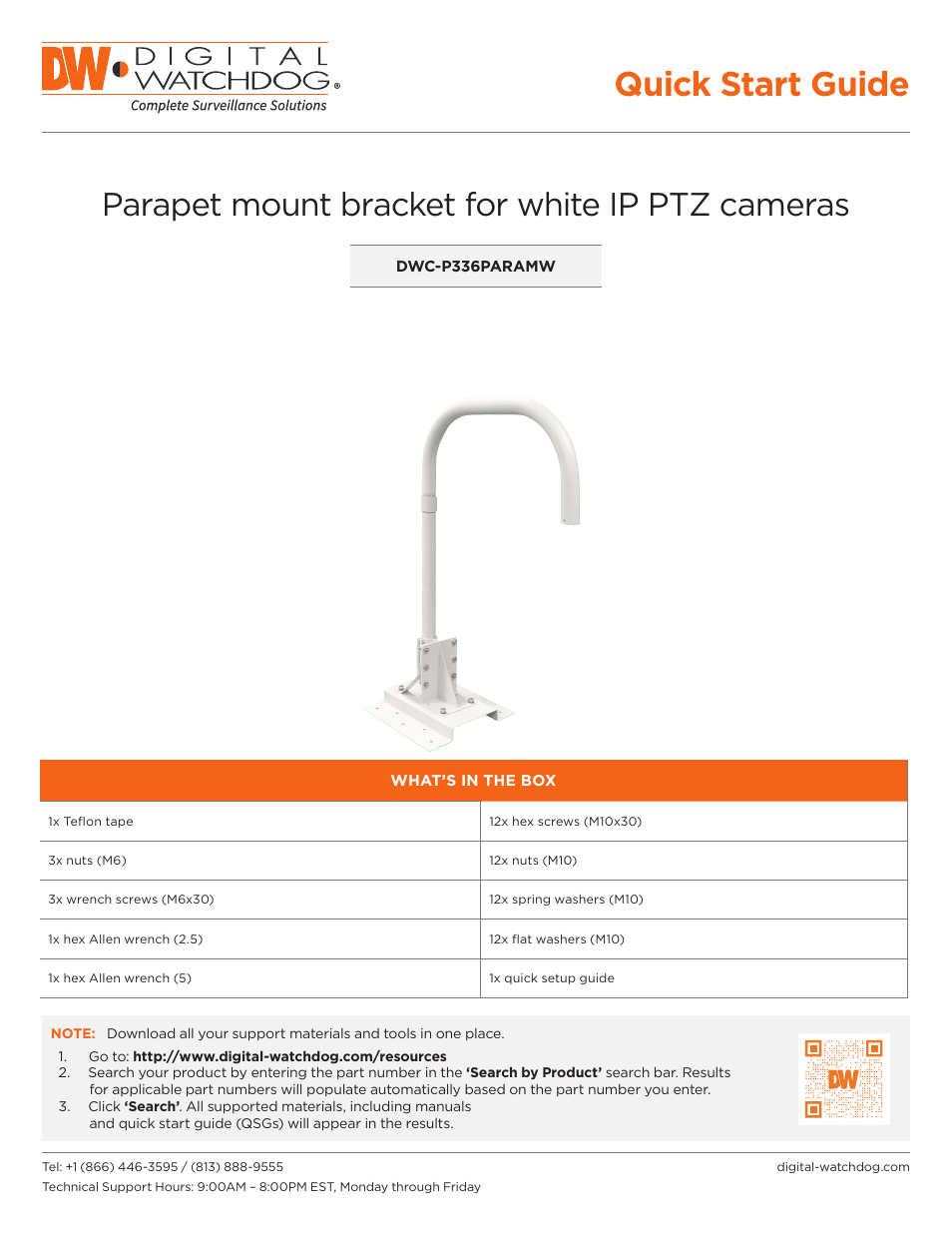 Digital Watchdog DWC-P336PARAMW Parapet Mount Bracket for PTZ Dome Cameras (White) User Manual | 2 pages