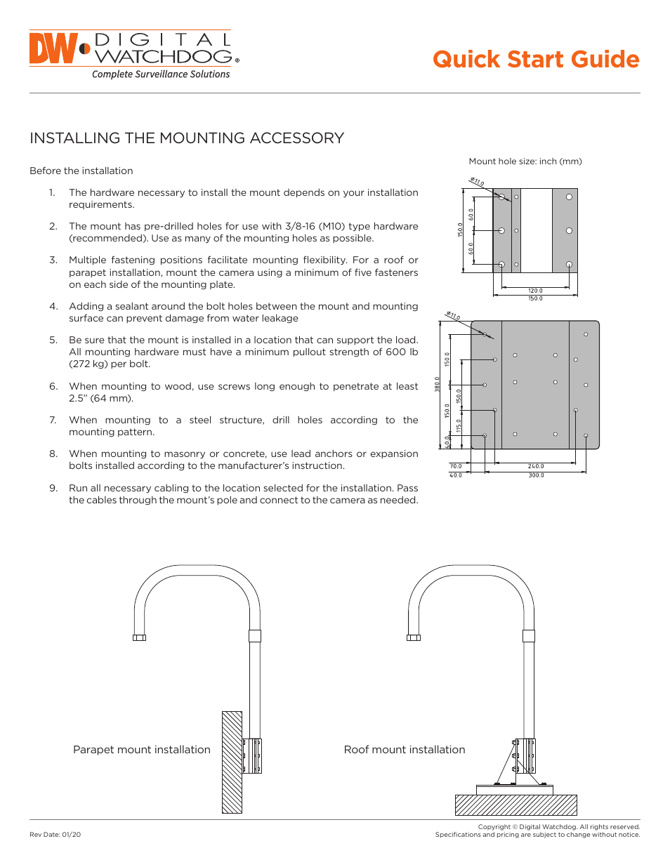 Quick start guide, Installing the mounting accessory | Digital Watchdog DWC-P336PARAMW Parapet Mount Bracket for PTZ Dome Cameras (White) User Manual | Page 2 / 2