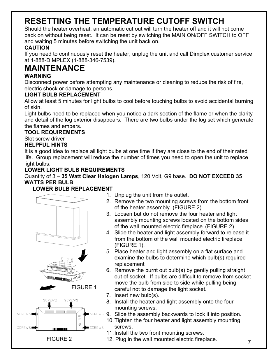 Resetting the temperature cutoff switch, Maintenance | Dimplex THE ELECTRIC WALL MOUNTED FIREPLACE EWM-SS User Manual | Page 10 / 14