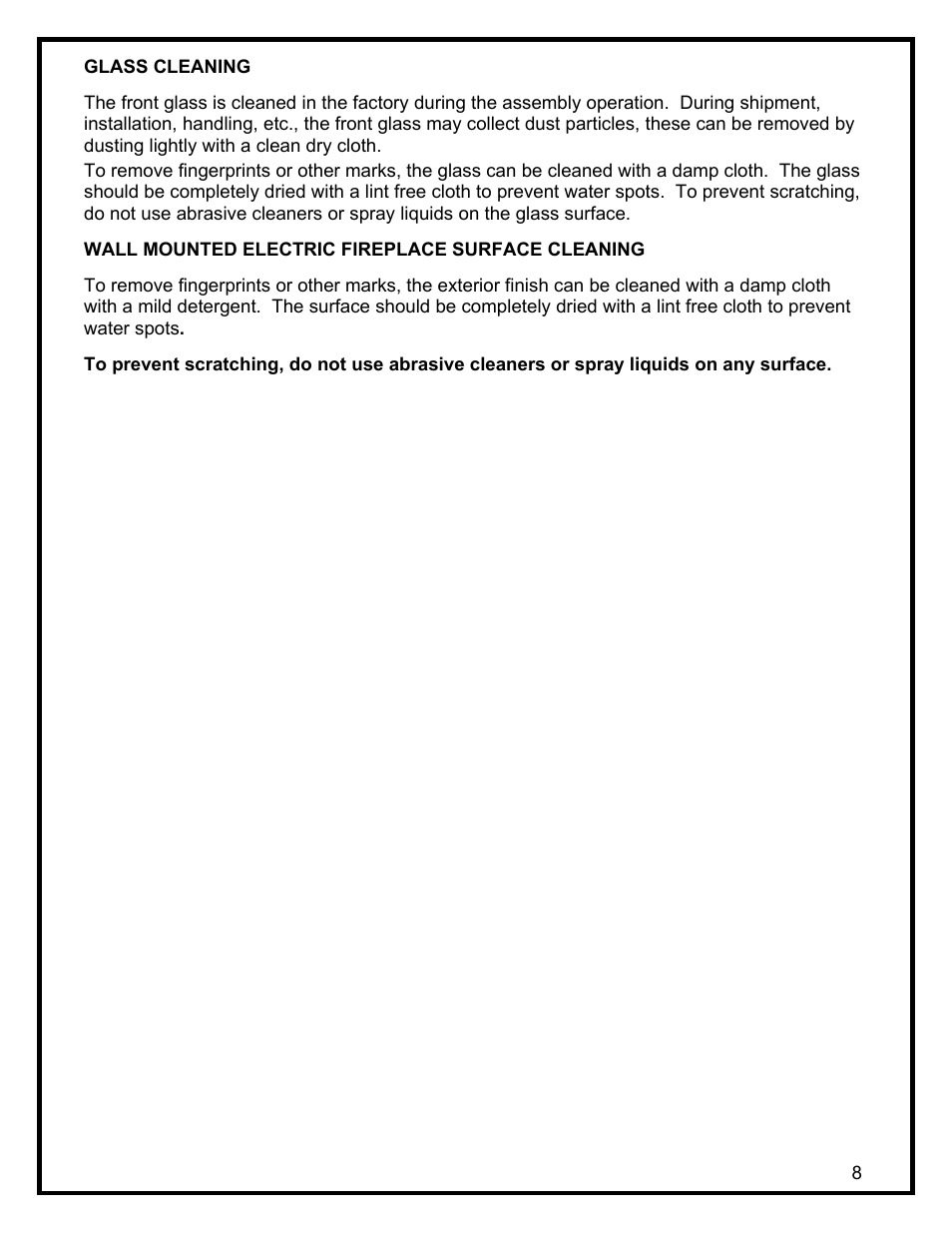 Glass cleaning, Wall mounted electric fireplace surface cleaning | Dimplex THE ELECTRIC WALL MOUNTED FIREPLACE EWM-SS User Manual | Page 11 / 14