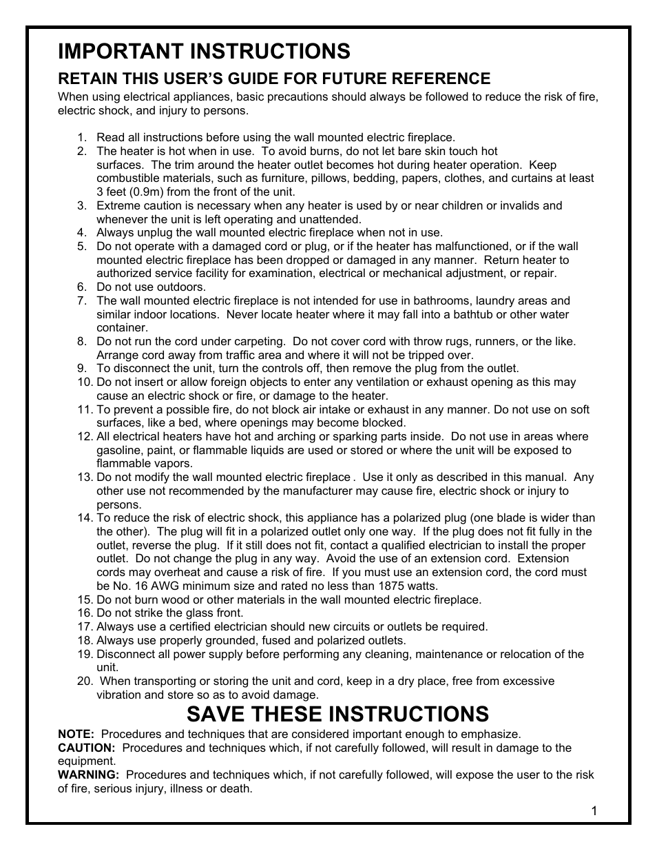 Important instructions, Save these instructions, Retain this user’s guide for future reference | Dimplex THE ELECTRIC WALL MOUNTED FIREPLACE EWM-SS User Manual | Page 4 / 14