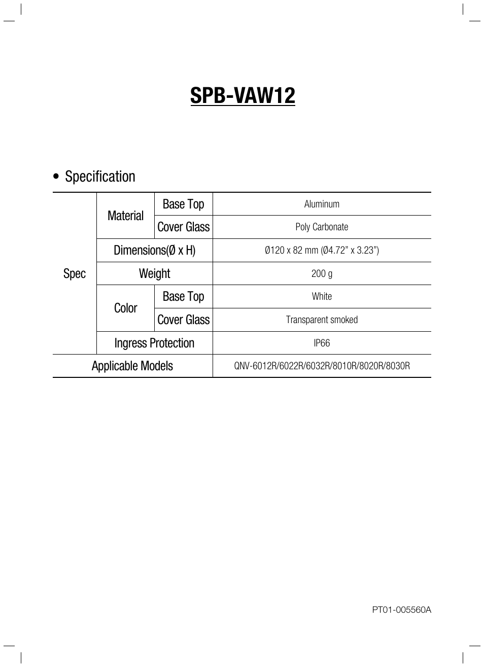 Hanwha Vision SPB-VAW12 Smoked Dome Cover for Select Cameras User Manual | 1 page