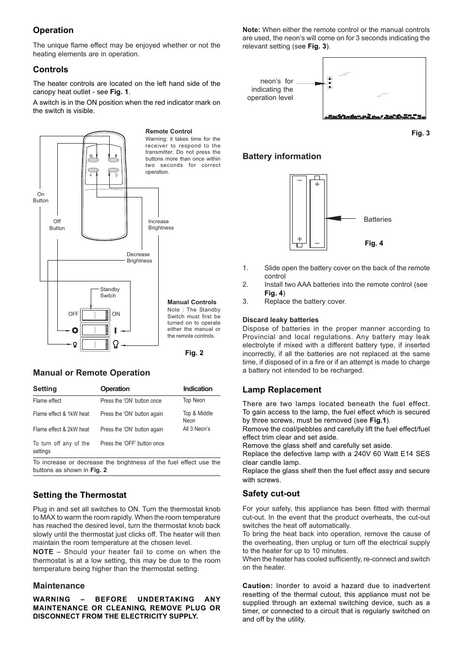 Operation, Controls, Setting the thermostat | Maintenance, Manual or remote operation, Battery information, Lamp replacement, Safety cut-out | Dimplex MCN20 User Manual | Page 2 / 4